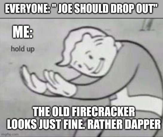 Fallout Hold Up | EVERYONE: " JOE SHOULD DROP OUT"; ME:; THE OLD FIRECRACKER LOOKS JUST FINE. RATHER DAPPER | image tagged in fallout hold up | made w/ Imgflip meme maker