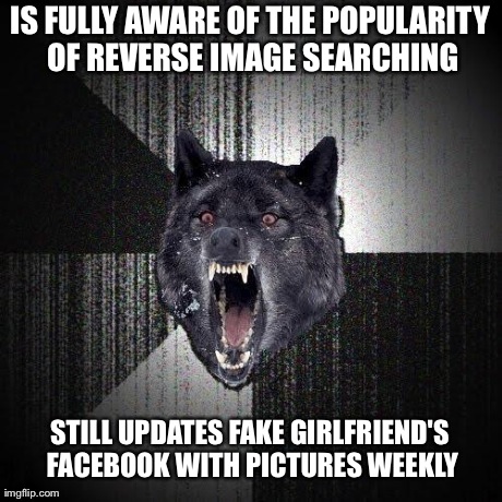 Insanity Wolf Meme | IS FULLY AWARE OF THE POPULARITY OF REVERSE IMAGE SEARCHING STILL UPDATES FAKE GIRLFRIEND'S FACEBOOK WITH PICTURES WEEKLY | image tagged in memes,insanity wolf,AdviceAnimals | made w/ Imgflip meme maker