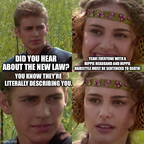 Get noob | DID YOU HEAR ABOUT THE NEW LAW? YEAH! EVERYONE WITH A HIPPIE HEADBAND AND HIPPIE HAIRSTYLE MUST BE SENTENCED TO DEATH! YOU KNOW THEY’RE LITERALLY DESCRIBING YOU. | image tagged in anakin padme 4 panel,whoops,death | made w/ Imgflip meme maker