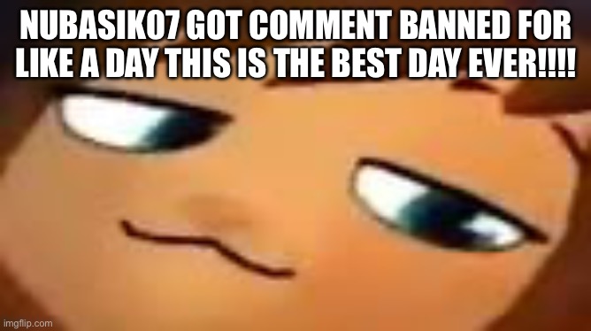 smug hat kid.mp4 | NUBASIK07 GOT COMMENT BANNED FOR LIKE A DAY THIS IS THE BEST DAY EVER!!!! | image tagged in smug hat kid mp4 | made w/ Imgflip meme maker