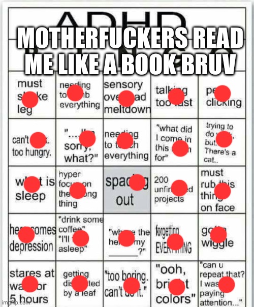 adhd bingo | MOTHERFUCKERS READ ME LIKE A BOOK BRUV | image tagged in adhd bingo | made w/ Imgflip meme maker