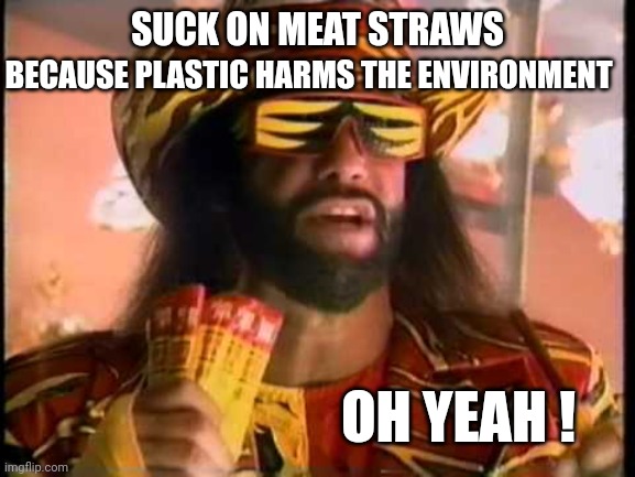 Snap Into a slim jim | SUCK ON MEAT STRAWS BECAUSE PLASTIC HARMS THE ENVIRONMENT OH YEAH ! | image tagged in snap into a slim jim | made w/ Imgflip meme maker