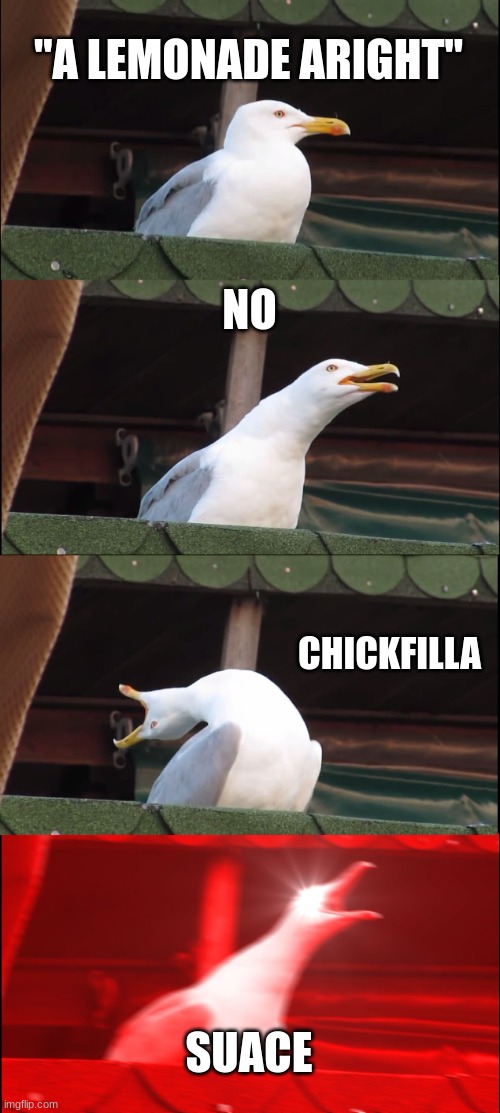 "no chickfilla sauce"? | "A LEMONADE ARIGHT"; NO; CHICKFILLA; SUACE | image tagged in memes,inhaling seagull | made w/ Imgflip meme maker