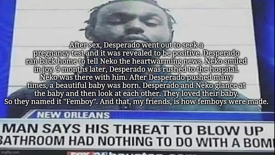 man says | After sex, Desperado went out to seek a pregnancy test and it was revealed to be positive. Desperado ran back home to tell Neko the heartwarming news. Neko smiled in joy. 9 months later, Desperado was rushed to the hospital. Neko was there with him. After Desperado pushed many times, a beautiful baby was born. Desperado and Neko glance at the baby and then look at each other. They loved their baby. So they named it "Femboy". And that, my friends, is how femboys were made. | image tagged in man says | made w/ Imgflip meme maker