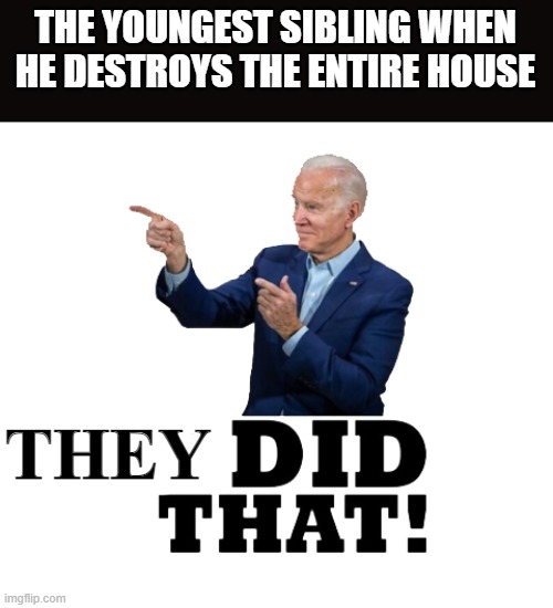 It wasn't me! | THE YOUNGEST SIBLING WHEN HE DESTROYS THE ENTIRE HOUSE; THEY | image tagged in i did that biden,siblings,sibling,sibling rivalry,double standards,bias | made w/ Imgflip meme maker