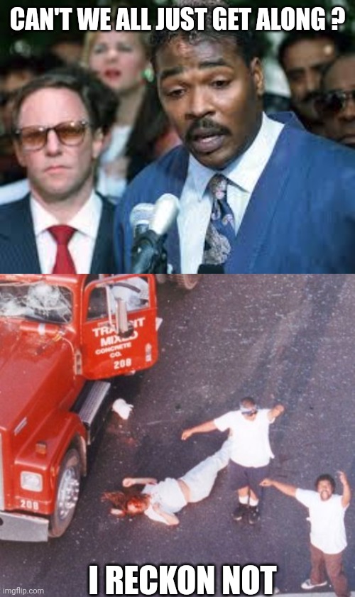 CAN'T WE ALL JUST GET ALONG ? I RECKON NOT | image tagged in rodney king,reginald denny | made w/ Imgflip meme maker