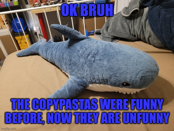 Awesome | OK BRUH; THE COPYPASTAS WERE FUNNY BEFORE, NOW THEY ARE UNFUNNY | image tagged in my blahaj | made w/ Imgflip meme maker
