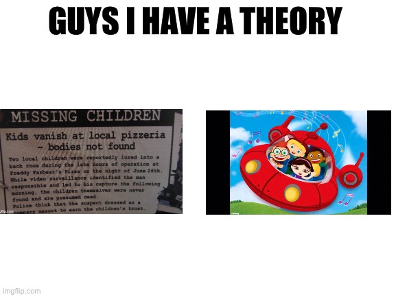 The 4 missing children | image tagged in guys i have a theory,fnaf missing children,little einsteins | made w/ Imgflip meme maker