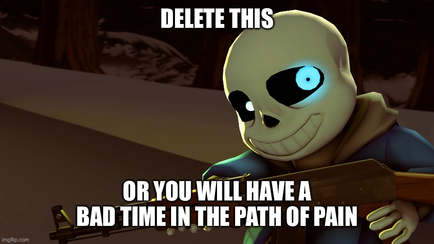 Sans with a gun | DELETE THIS OR YOU WILL HAVE A BAD TIME IN THE PATH OF PAIN | image tagged in sans with a gun | made w/ Imgflip meme maker
