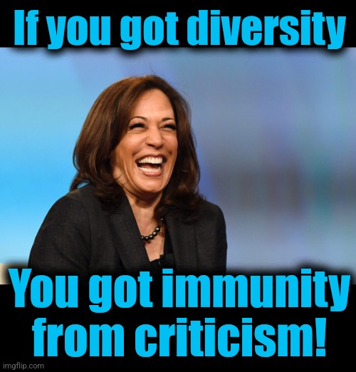 If you got diversity You got immunity
from criticism! | image tagged in kamala harris laughing,blank black | made w/ Imgflip meme maker