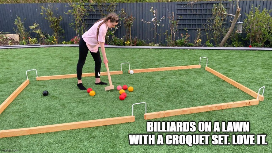 memes by Brad - I want to try croquet billiards on the grass | BILLIARDS ON A LAWN WITH A CROQUET SET. LOVE IT. | image tagged in funny,sports,extreme sports,humor,balls | made w/ Imgflip meme maker