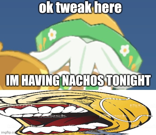 chamomile cokkieoir | ok tweak here; IM HAVING NACHOS TONIGHT | image tagged in chamomile cokkieoir | made w/ Imgflip meme maker