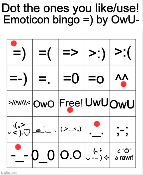 where is :3 | image tagged in dot the ones you like/use emoticons bingo by owu | made w/ Imgflip meme maker
