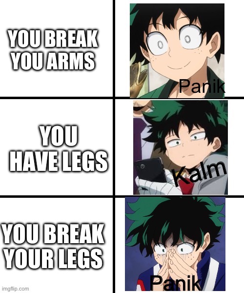 Deku panik | YOU BREAK YOU ARMS; YOU HAVE LEGS; YOU BREAK YOUR LEGS | image tagged in deku panik | made w/ Imgflip meme maker