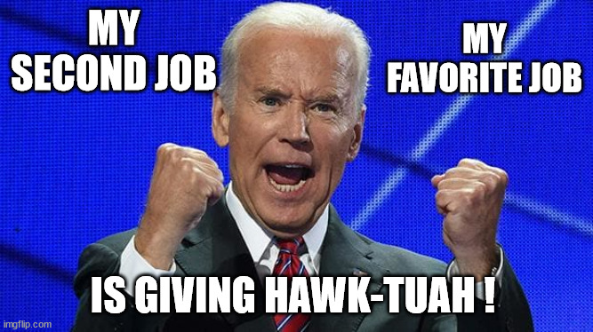 BIDEN LOVES TO HAWK-TUAH | MY FAVORITE JOB; MY SECOND JOB; IS GIVING HAWK-TUAH ! | image tagged in joe biden fists angry | made w/ Imgflip meme maker