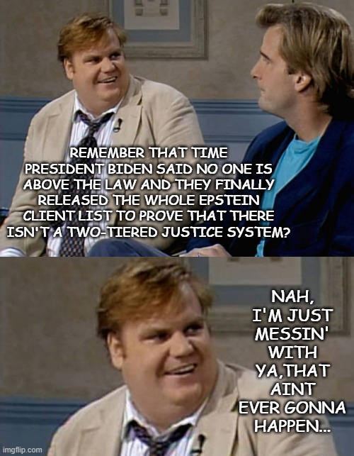 REMEMBER THAT TIME PRESIDENT BIDEN SAID NO ONE IS ABOVE THE LAW AND THEY FINALLY RELEASED THE WHOLE EPSTEIN CLIENT LIST TO PROVE THAT THERE  | image tagged in remember that time,chris farley awesome | made w/ Imgflip meme maker