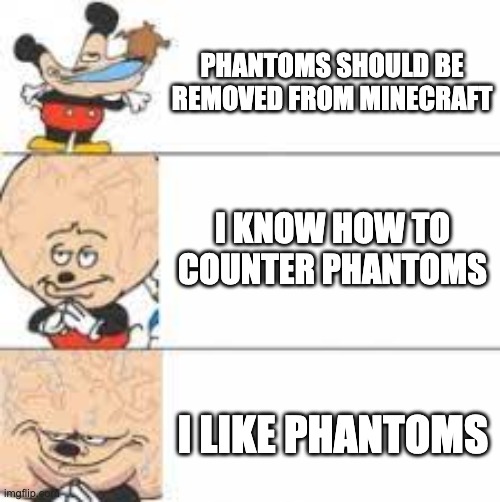 big brain minecrafters | PHANTOMS SHOULD BE REMOVED FROM MINECRAFT; I KNOW HOW TO COUNTER PHANTOMS; I LIKE PHANTOMS | image tagged in big brain mokey | made w/ Imgflip meme maker