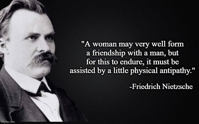 Nietzsche | "A woman may very well form a friendship with a man, but for this to endure, it must be assisted by a little physical antipathy."; -Friedrich Nietzsche | image tagged in black blank rectangle c | made w/ Imgflip meme maker