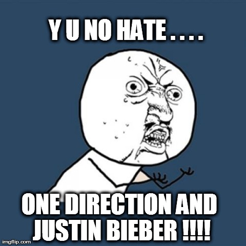 Y U No | Y U NO HATE . . . . ONE DIRECTION AND JUSTIN BIEBER !!!! | image tagged in memes,y u no | made w/ Imgflip meme maker