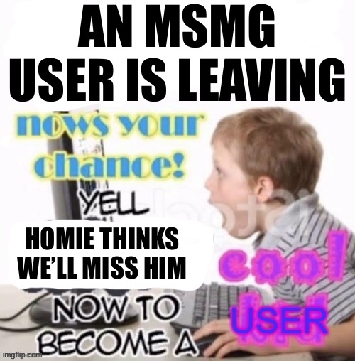 Yell slander me now to become a cool user | AN MSMG USER IS LEAVING; HOMIE THINKS WE’LL MISS HIM | image tagged in yell slander me now to become a cool user | made w/ Imgflip meme maker