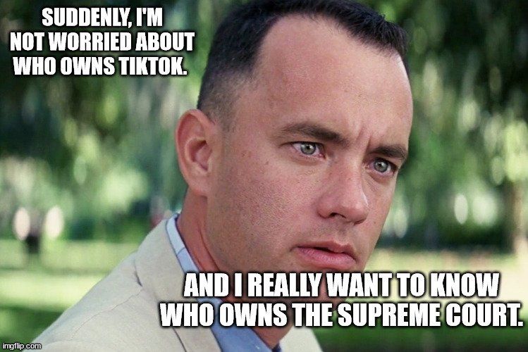 And Just Like That | SUDDENLY, I'M NOT WORRIED ABOUT WHO OWNS TIKTOK. AND I REALLY WANT TO KNOW WHO OWNS THE SUPREME COURT. | image tagged in memes,and just like that | made w/ Imgflip meme maker
