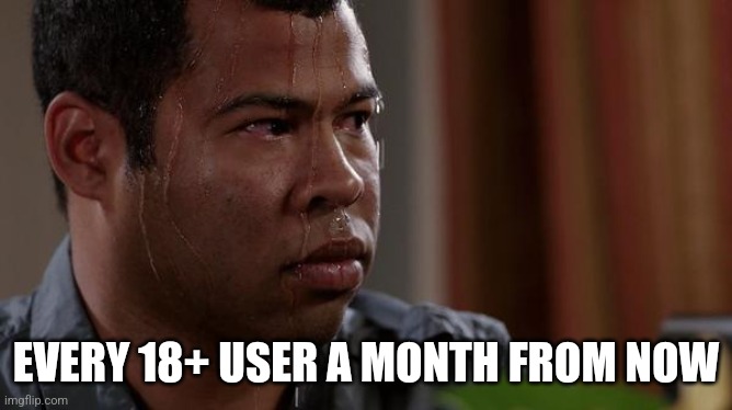 sweating bullets | EVERY 18+ USER A MONTH FROM NOW | image tagged in sweating bullets | made w/ Imgflip meme maker