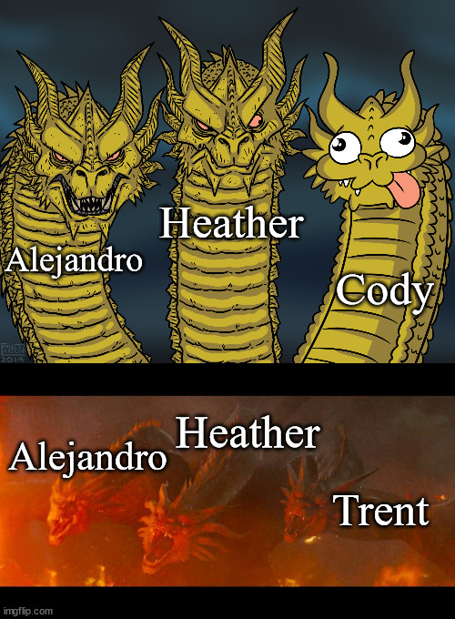 WT Final 3 Canon v Recut | Heather; Alejandro; Cody; Heather; Alejandro; Trent | image tagged in king ghidorah,legendary king ghidorah | made w/ Imgflip meme maker