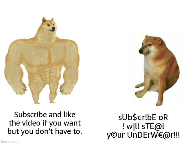 Buff Doge vs. Cheems Meme | sUb$¢r!bE oR ! w|ll sTE@l y©ur UnDErW€@r!!! Subscribe and like the video if you want but you don't have to. | image tagged in memes,buff doge vs cheems,yoytube,youtube,youtuber,balls | made w/ Imgflip meme maker