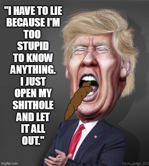 shithole trump | "I HAVE TO LIE
BECAUSE I'M
TOO 
STUPID
TO KNOW
ANYTHING.
I JUST
OPEN MY
SHITHOLE
AND LET
IT ALL
OUT." | image tagged in shithole trump,maga cult,maga morons,shithole,clown car republicans,donald trump is an idiot | made w/ Imgflip meme maker