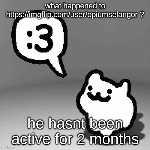 :3 cat | what happened to https://imgflip.com/user/opiumselangor ? he hasnt been active for 2 months | image tagged in 3 cat | made w/ Imgflip meme maker