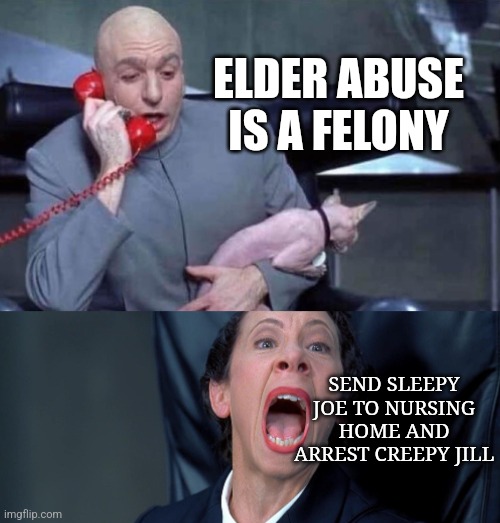 Dr. Evil and Frau | ELDER ABUSE IS A FELONY; SEND SLEEPY JOE TO NURSING HOME AND ARREST CREEPY JILL | image tagged in dr evil and frau | made w/ Imgflip meme maker