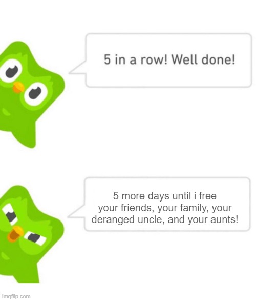 keep it going.. | 5 more days until i free your friends, your family, your deranged uncle, and your aunts! | image tagged in duolingo 5 in a row,memes,funny,duolingo,duo | made w/ Imgflip meme maker
