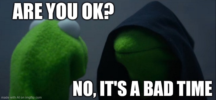 Evil Kermit Meme | ARE YOU OK? NO, IT'S A BAD TIME | image tagged in memes,evil kermit | made w/ Imgflip meme maker