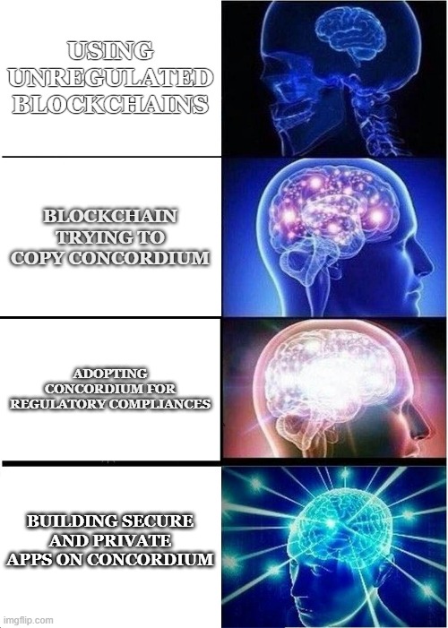 Expanding Brain Meme | USING UNREGULATED BLOCKCHAINS; BLOCKCHAIN TRYING TO COPY CONCORDIUM; ADOPTING CONCORDIUM FOR REGULATORY COMPLIANCES; BUILDING SECURE AND PRIVATE APPS ON CONCORDIUM | image tagged in memes,expanding brain | made w/ Imgflip meme maker