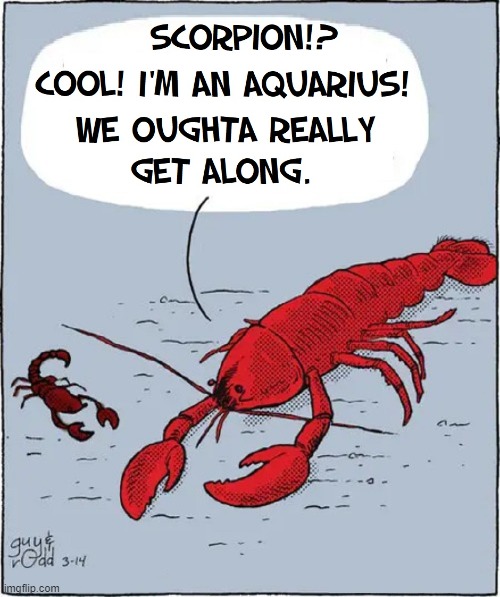 I don't if they are really all that compatible | image tagged in vince vance,lobsters,scorpion,aquarius,scorpio,cartoon | made w/ Imgflip meme maker