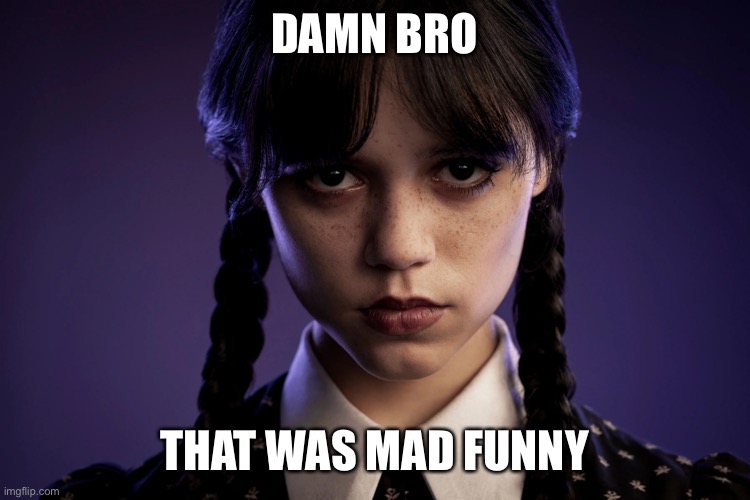 Appropriate reaction | DAMN BRO; THAT WAS MAD FUNNY | image tagged in jenna ortega,that was mad funny | made w/ Imgflip meme maker