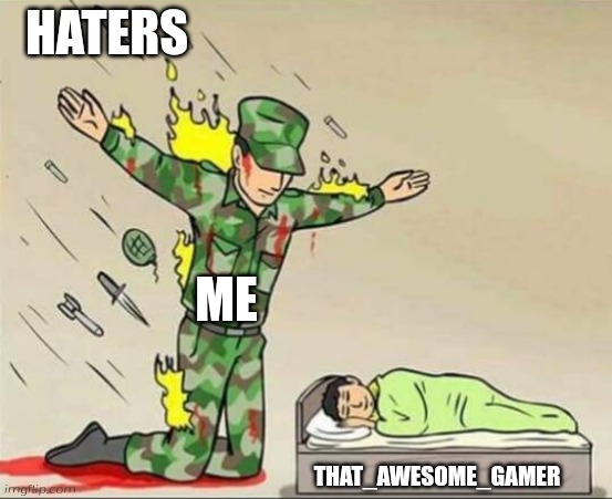 Soldier protecting sleeping child | HATERS; ME; THAT_AWESOME_GAMER | image tagged in soldier protecting sleeping child | made w/ Imgflip meme maker