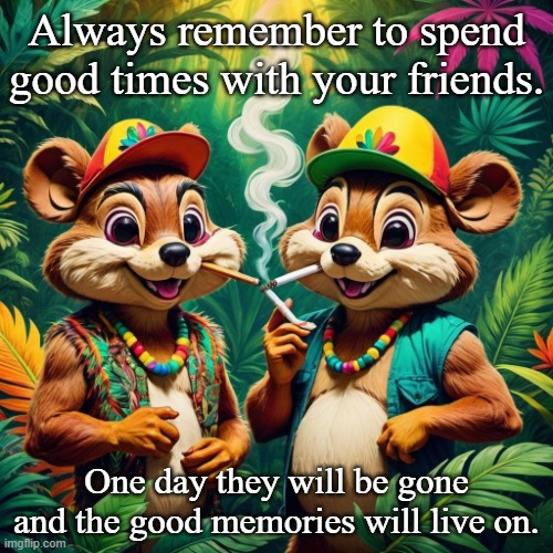 For my dead friend. I will always remember our good times! | Always remember to spend good times with your friends. One day they will be gone and the good memories will live on. | image tagged in squirrels,weed,friendship,rip | made w/ Imgflip meme maker