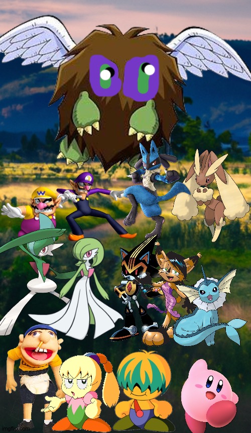 Wario and Friends dies By a Giant demon winged Kuriboh | image tagged in wario dies,crossover | made w/ Imgflip meme maker