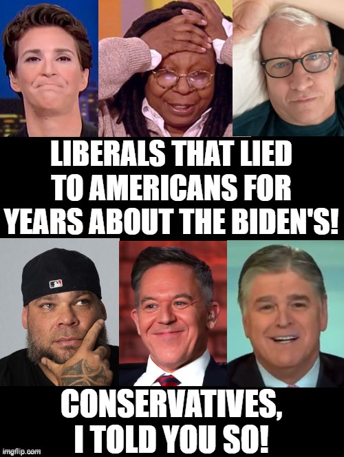 Liars and I told you so!! | LIBERALS THAT LIED TO AMERICANS FOR YEARS ABOUT THE BIDEN'S! CONSERVATIVES, I TOLD YOU SO! | image tagged in liars,mainstream media | made w/ Imgflip meme maker