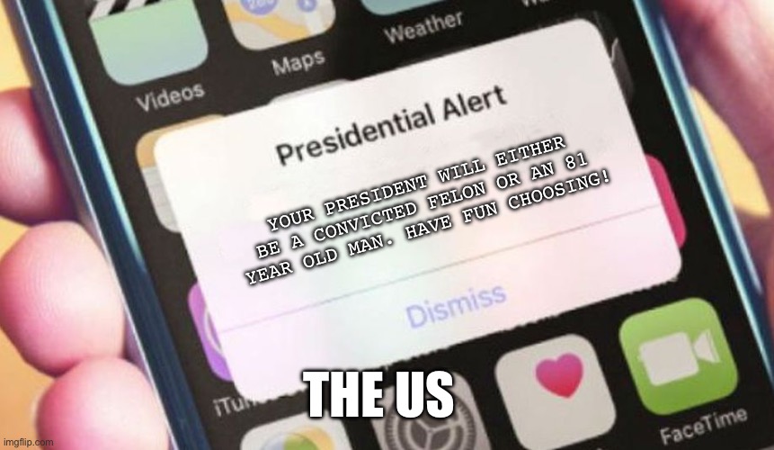 Presidential candidates | YOUR PRESIDENT WILL EITHER BE A CONVICTED FELON OR AN 81 YEAR OLD MAN. HAVE FUN CHOOSING! THE US | image tagged in memes,presidential alert | made w/ Imgflip meme maker