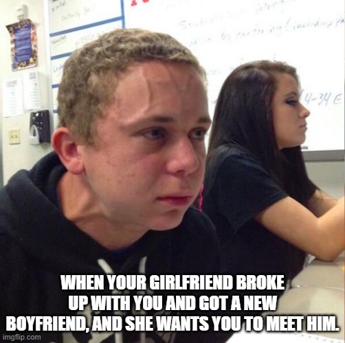 Girlfriend broke up | WHEN YOUR GIRLFRIEND BROKE UP WITH YOU AND GOT A NEW BOYFRIEND, AND SHE WANTS YOU TO MEET HIM. | image tagged in angery boi | made w/ Imgflip meme maker