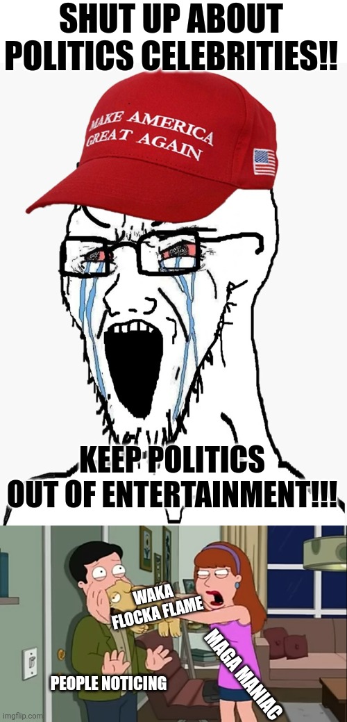 Only right wing politics sanctioned. Got it, entitled elites | SHUT UP ABOUT POLITICS CELEBRITIES!! KEEP POLITICS OUT OF ENTERTAINMENT!!! WAKA FLOCKA FLAME; MAGA MANIAC; PEOPLE NOTICING | image tagged in blank white template,elite,family guy,humor,celebrities | made w/ Imgflip meme maker