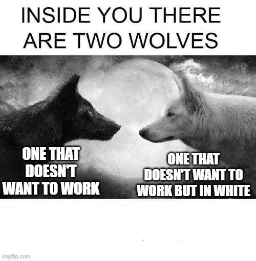 Inside you there are two wolves | ONE THAT DOESN'T WANT TO WORK; ONE THAT DOESN'T WANT TO WORK BUT IN WHITE | image tagged in inside you there are two wolves,funny memes | made w/ Imgflip meme maker