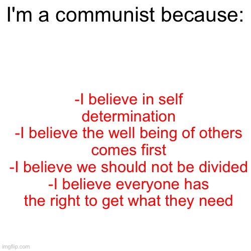 I'm a communist because:; -I believe in self determination
-I believe the well being of others comes first
-I believe we should not be divided
-I believe everyone has the right to get what they need | image tagged in communism,communist,commie,leftist | made w/ Imgflip meme maker