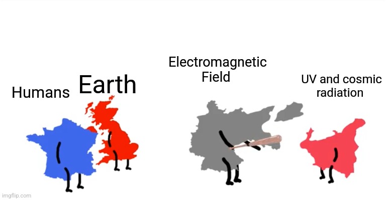 No radiation is getting in | Electromagnetic Field; Earth; UV and cosmic radiation; Humans | image tagged in i wanna beat you up oversimplified,earth,space,science,jpfan102504 | made w/ Imgflip meme maker