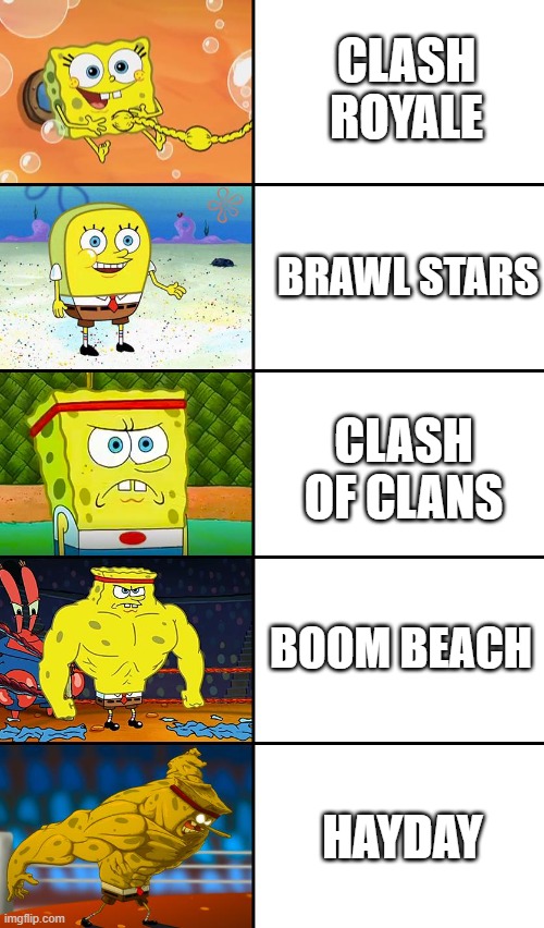 Supercell games in a nutshell | CLASH ROYALE; BRAWL STARS; CLASH OF CLANS; BOOM BEACH; HAYDAY | image tagged in spongebob baby normal tough strong god,memes,gaming,clash of clans,clash royale,brawl stars | made w/ Imgflip meme maker