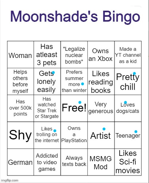 Moonshade's Bingo | image tagged in moonshade's bingo | made w/ Imgflip meme maker