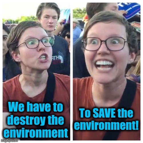 Social Justice Warrior Hypocrisy | We have to
destroy the
environment To SAVE the
environment! | image tagged in social justice warrior hypocrisy | made w/ Imgflip meme maker