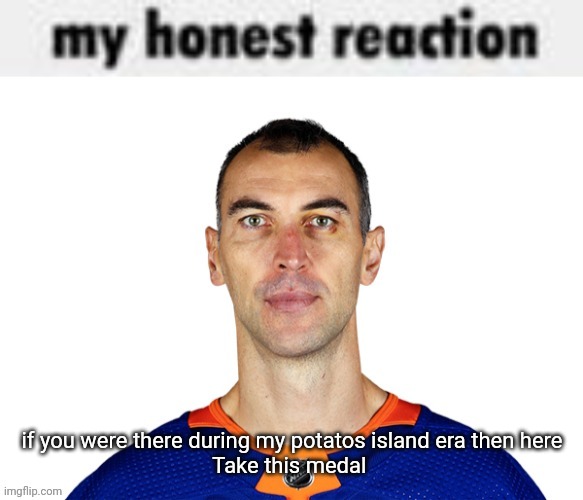 my honest reaction | if you were there during my potatos island era then here
Take this medal | image tagged in my honest reaction | made w/ Imgflip meme maker